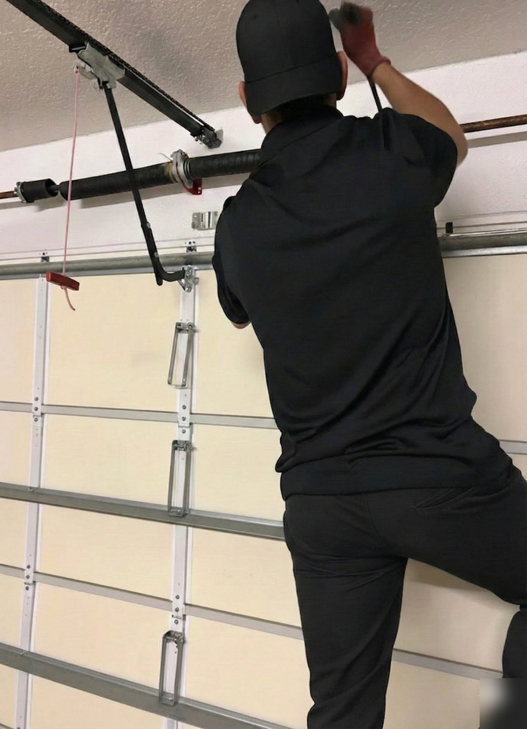 Technician reaching up to the torsion tube and cable drum above a white garage door